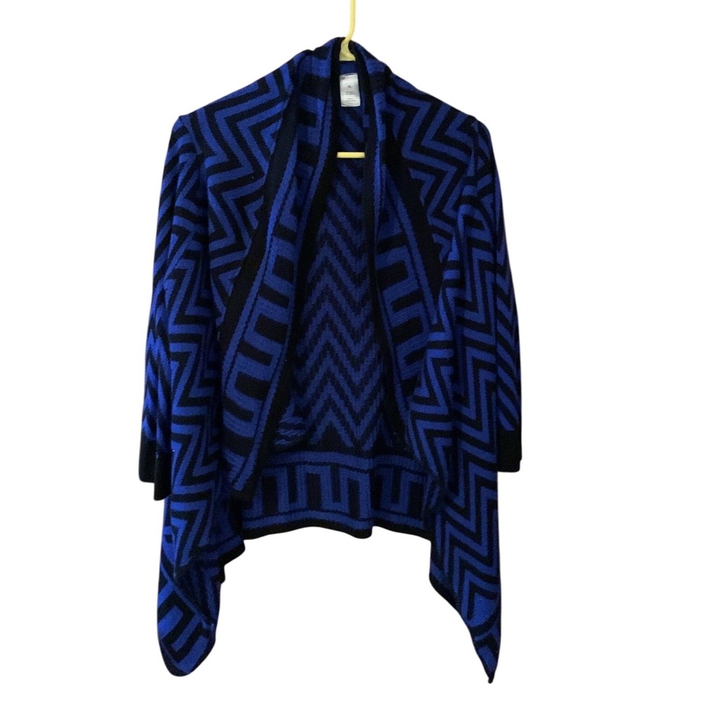 Allison‎ Brittney Cardigan XL Blue Black Geometric Open Front Knit Sweater